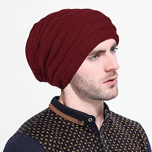 Men Slouch Beanie Skull Ski Wool Beanie Cap/Custom Leather Patch Beanie