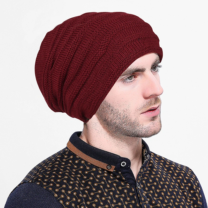 Men Slouch Beanie Skull Ski Wool Beanie Cap/Custom Leather Patch Beanie