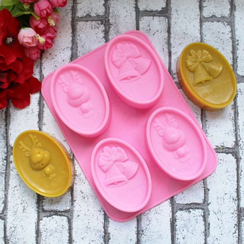 4 holes handmade oval christmas bell elk shape silicone soap mold