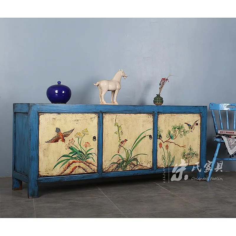 Chinese antique reproduction furniture China antique chinese vintage style solid wood blue three door box with shelf cabinet