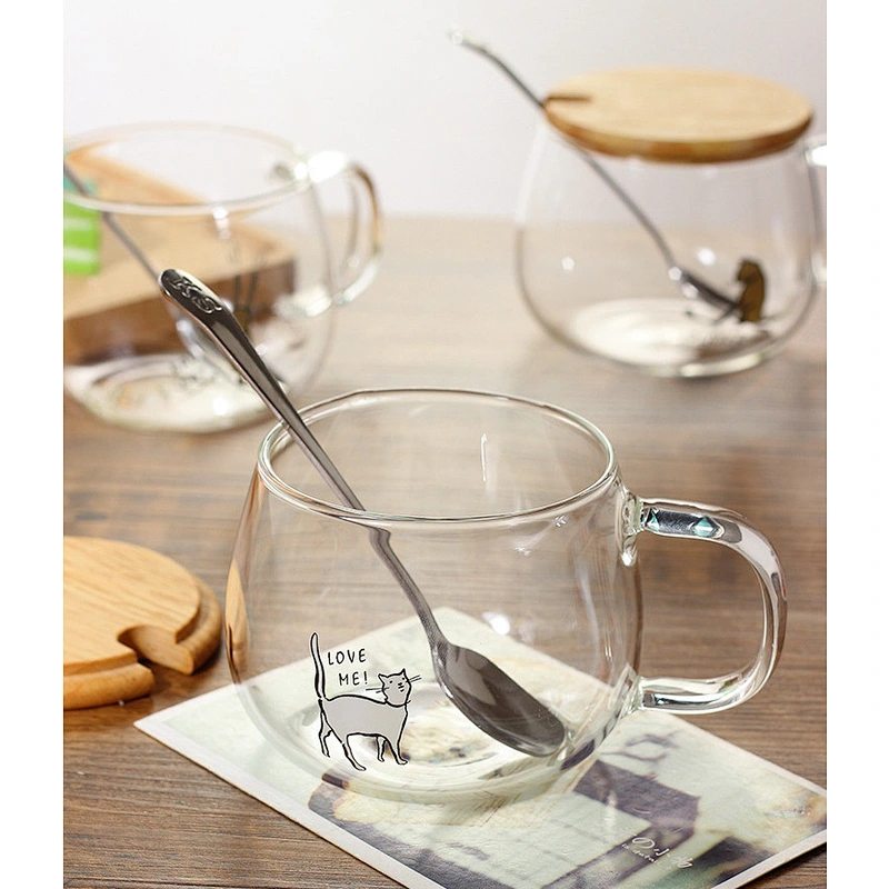 Wholesale Cheap Double Wall Cute Cat Pattern Water Glass Cup High Borosilicate Milk Mug Coffee Glass Cup