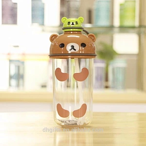 Factory Directly Cute Bear Pattern PP Water Bottle High Quality Kids Plastic Cup With Straw and Handle