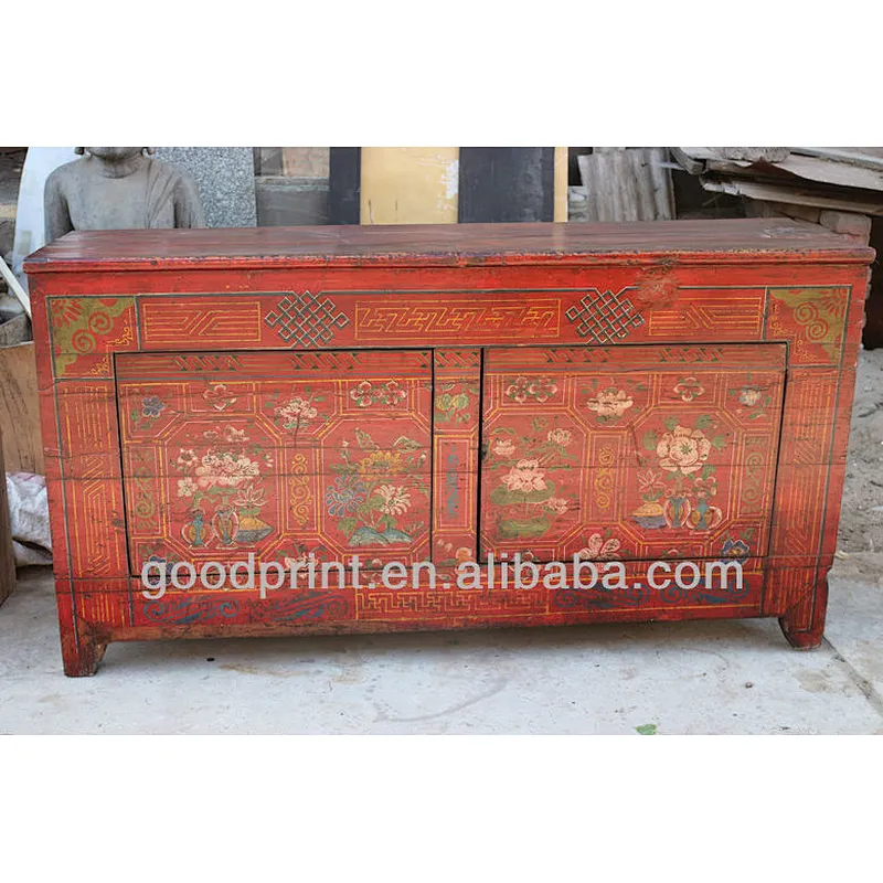 Asian Antiques Vintage Hand Painted Mongolia Console Cabinet