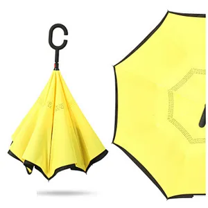 Reverse Folding Double Layer Inverted Umbrella And Self Standing Inside Out Rain Protection Umbrella With C Handle