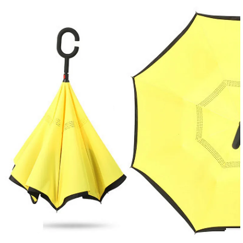 Reverse Folding Double Layer Inverted Umbrella And Self Standing Inside Out Rain Protection Umbrella With C Handle