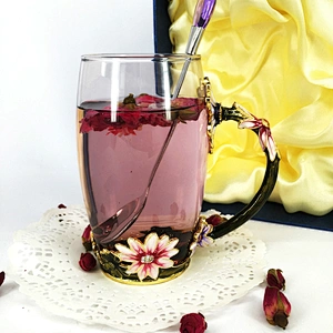 Decorate carving flower pattern glass enamel cup coffee mug for lady