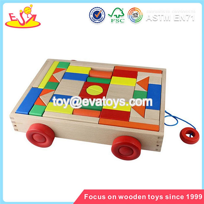 wholesale multi colored wooden blocks toy car for kids superior quality wooden blocks pull car toy for baby W13C014