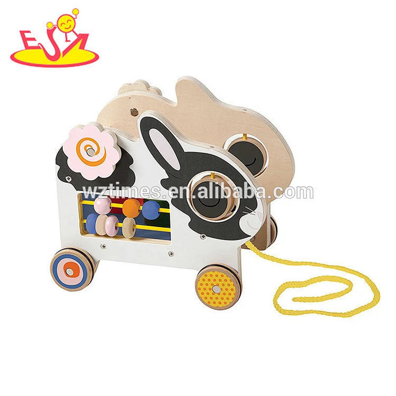 2018 Cheap wooden animal pull toys with rope for baby W05B168