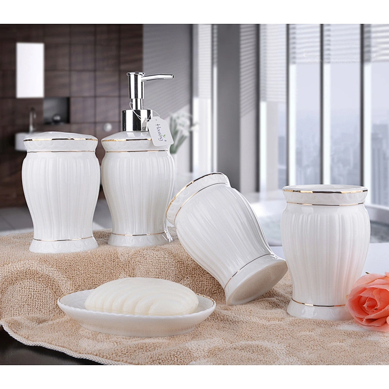Home Porcelain Toilet Set Fashion 5pcs Ceramic Bathroom Set China Supplier in-stock Toothbrush and Gargle Cup