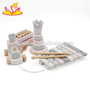 Wholesale pretty wooden educational toy contains of wooden xylophone toy&stacking blocks and pull train toy for kids W12F031