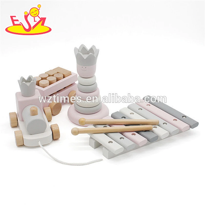 Wholesale pretty wooden educational toy contains of wooden xylophone toy&stacking blocks and pull train toy for kids W12F031