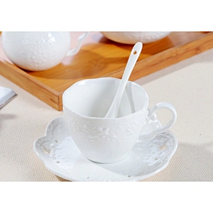 Elegant white carving pateern design combined cup+dish sets for afternoon tea