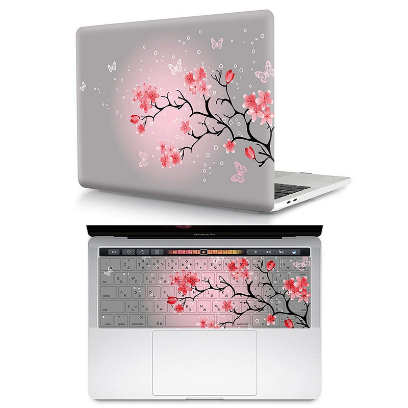 2 In 1 Cherry Blossom clear plastic case custom laptop case pu and Silicone Keyboard Protector for Mac Pro Touch Bar