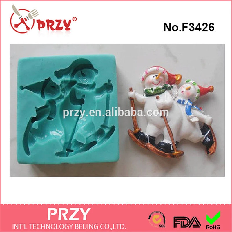 F3426 Snowmen on the ski cake decorating mold silicone fondant mold