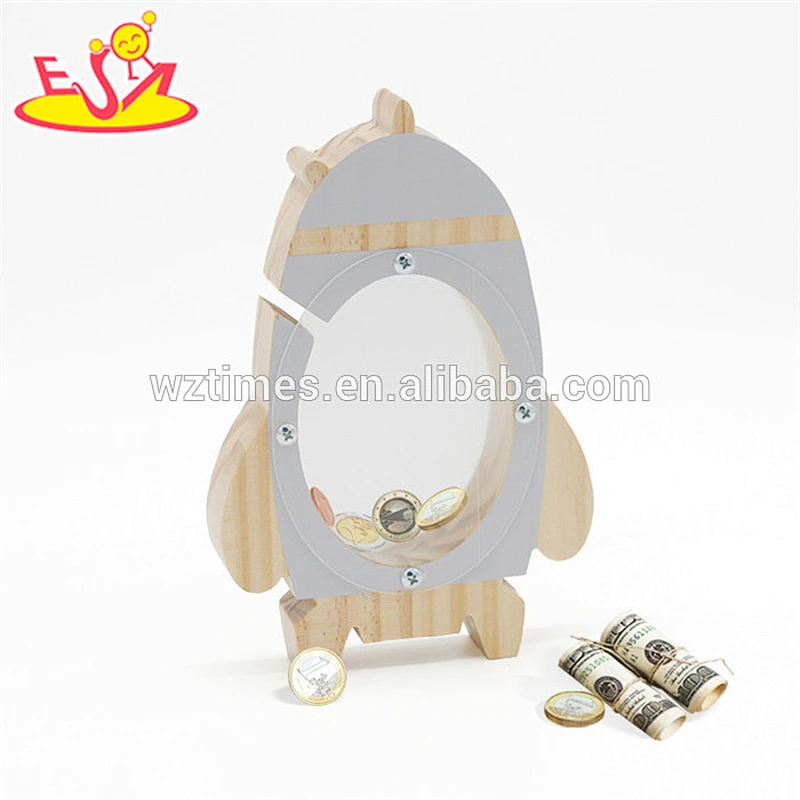 New fashion rocket shape wooden boys money box with customize W02A281