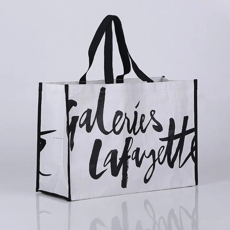 Custom white pp woven bag black logo shopping bag