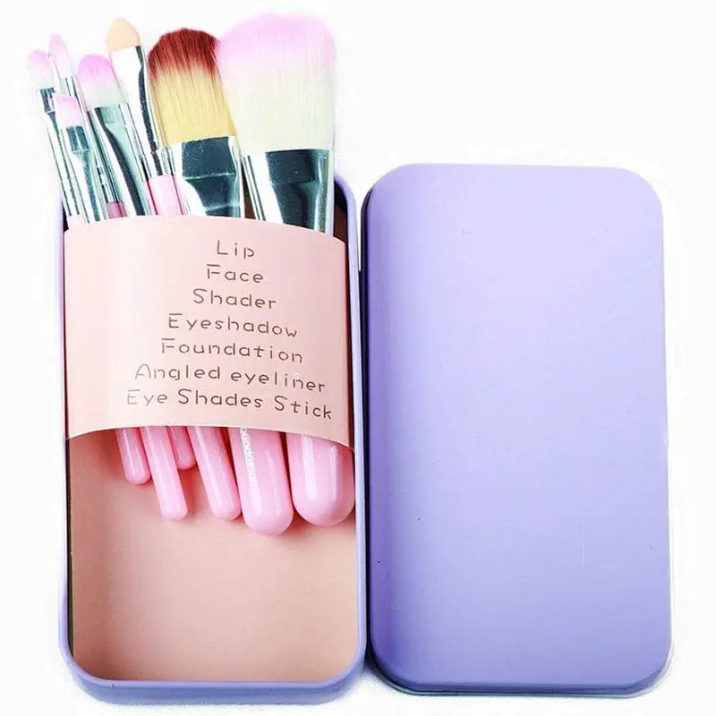 Beauty tools private label makeup brush kit 7pcs travel pink makeup brush set with metal case