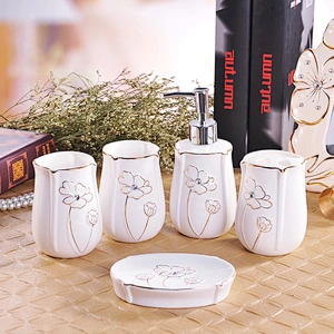 China Supplier in-stock Toothbrush and Gargle Cup Home Porcelain Toilet Set Fashion 5pcs Ceramic Bathroom Set