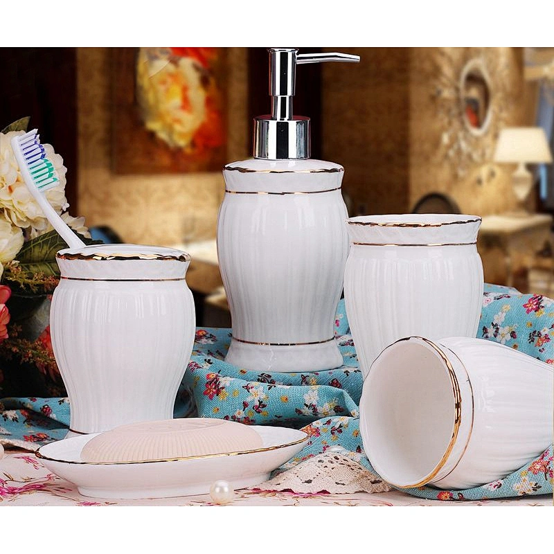 Home Porcelain Toilet Set Fashion 5pcs Ceramic Bathroom Set China Supplier in-stock Toothbrush and Gargle Cup