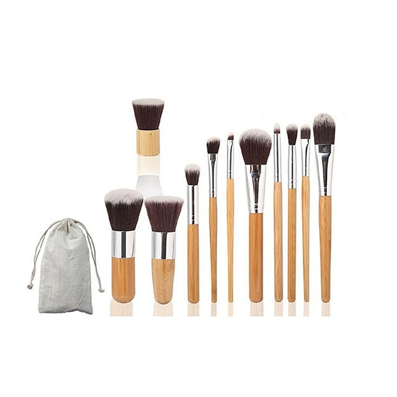 Wooden 11pcs Cosmetic Makeup Brush Set Wit Canvas Makeup Bag