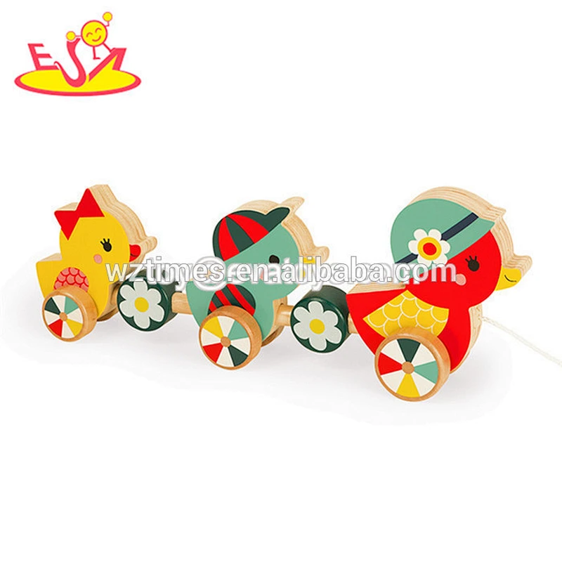 2018 Cheap wooden animal pull toys with rope for baby W05B168