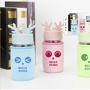 2018 Hot Sell Glass Water Bottle Portable 380 ml Glass Cup with Flannel Cup Cover and Mobile Phone Support Lid