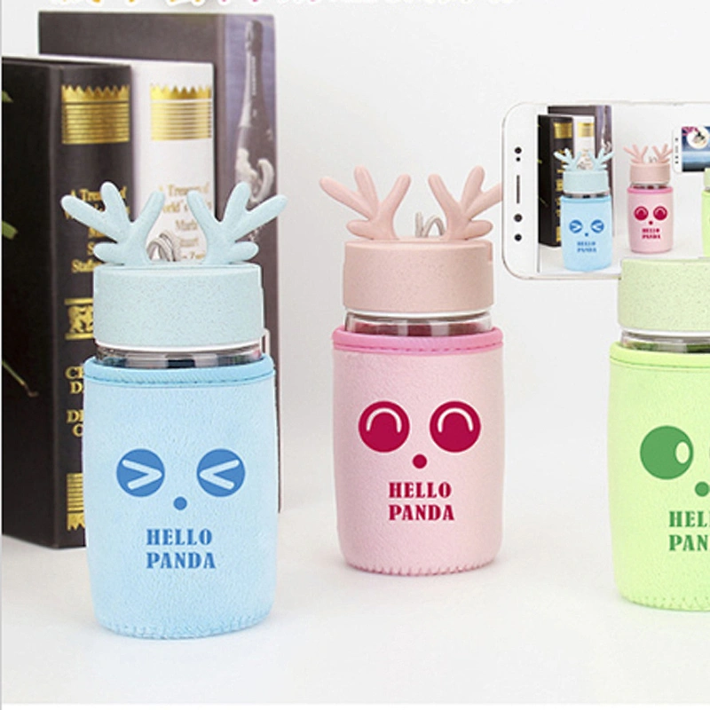 2018 Hot Sell Glass Water Bottle Portable 380 ml Glass Cup with Flannel Cup Cover and Mobile Phone Support Lid