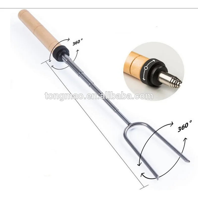 34 inch Customized wooden handle telescopic marshmallow roasting BBQ fork with canvans pouch for camping