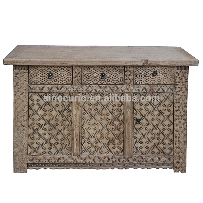 Chinese antique reclaimed solid wood hand carved sideboard buffet