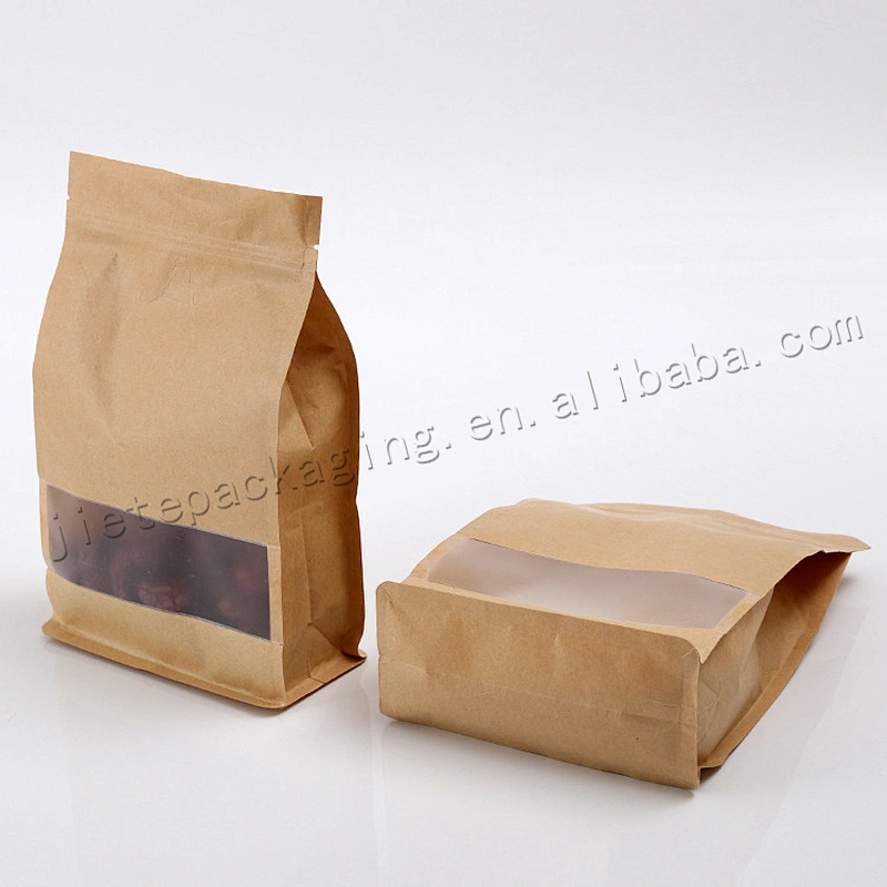 Food grade zipper flat bottom kraft paper grain,nuts bags with transparent window