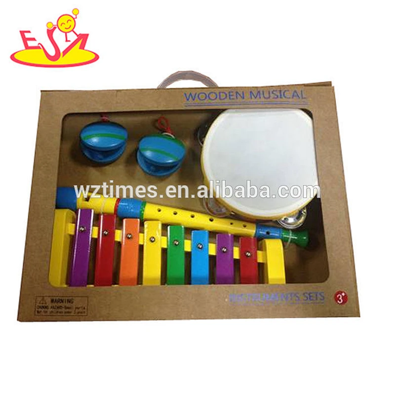 Wholesale educational wooden kids pink musical toy with drum and harmonica W07A034