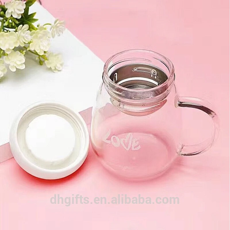 High Borosilicate Glass Water Bottle Portable Cute Style Tea Can Water Cup with Lid for Couple