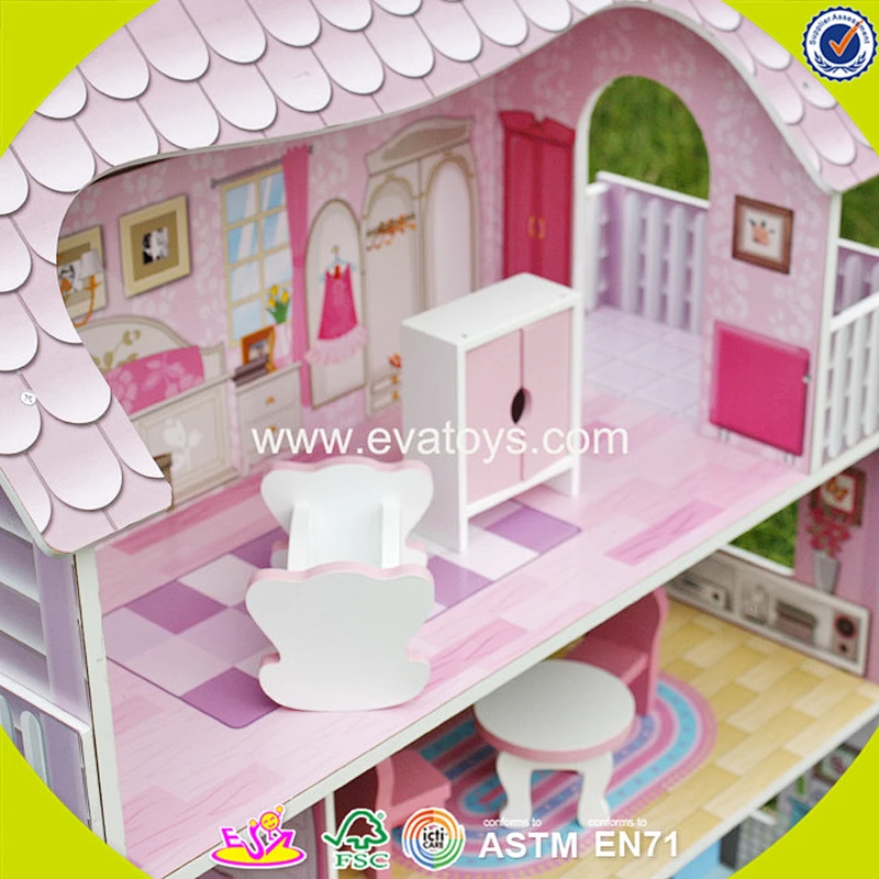 2018 Wholesale pink wooden dollhouse kits top fashion girls wooden dollhouse kits cheap kid wooden dollhouse kits W06A139