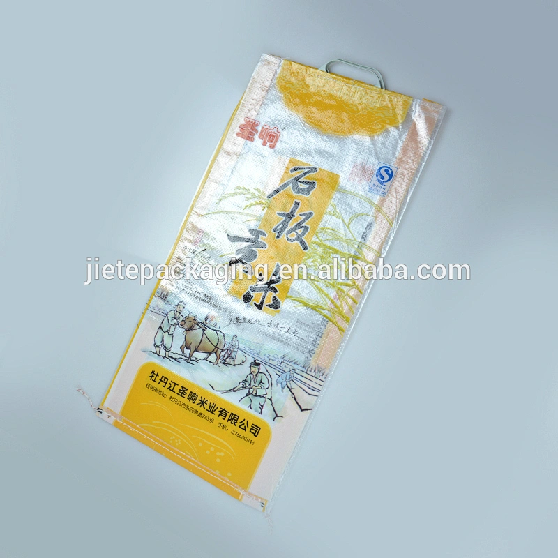 Transparent plastic PP woven bag for 15kg rice with printing, handle, lamination