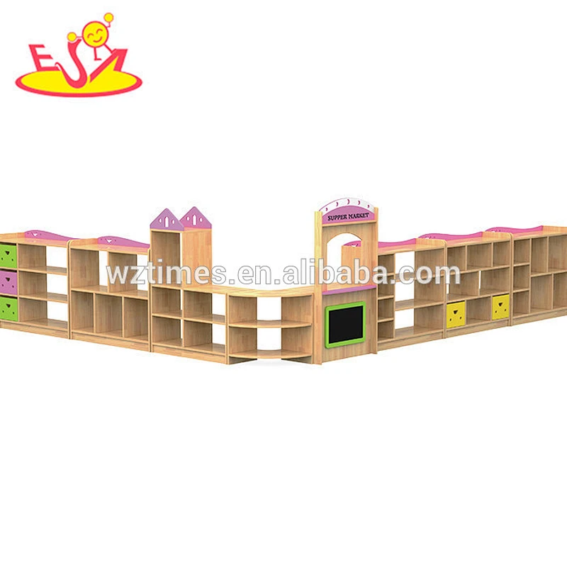 Wholesale nursery school storage shelf wooden toy shop high quality kids play wooden toy shop W08C197
