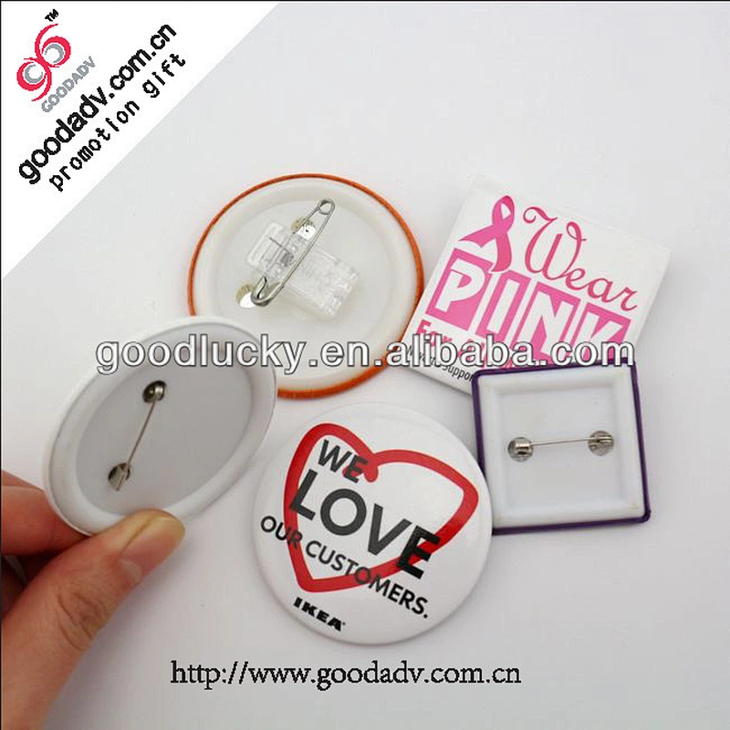 Round custom tin badge for clothes with safety pin and cardboard