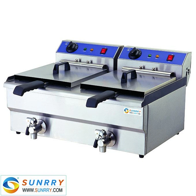 Counter Top Rectangular 2 Tank and 2 Basket Commercial Electric Deep Fryer Machine with Oil Faucet and CE Certificate