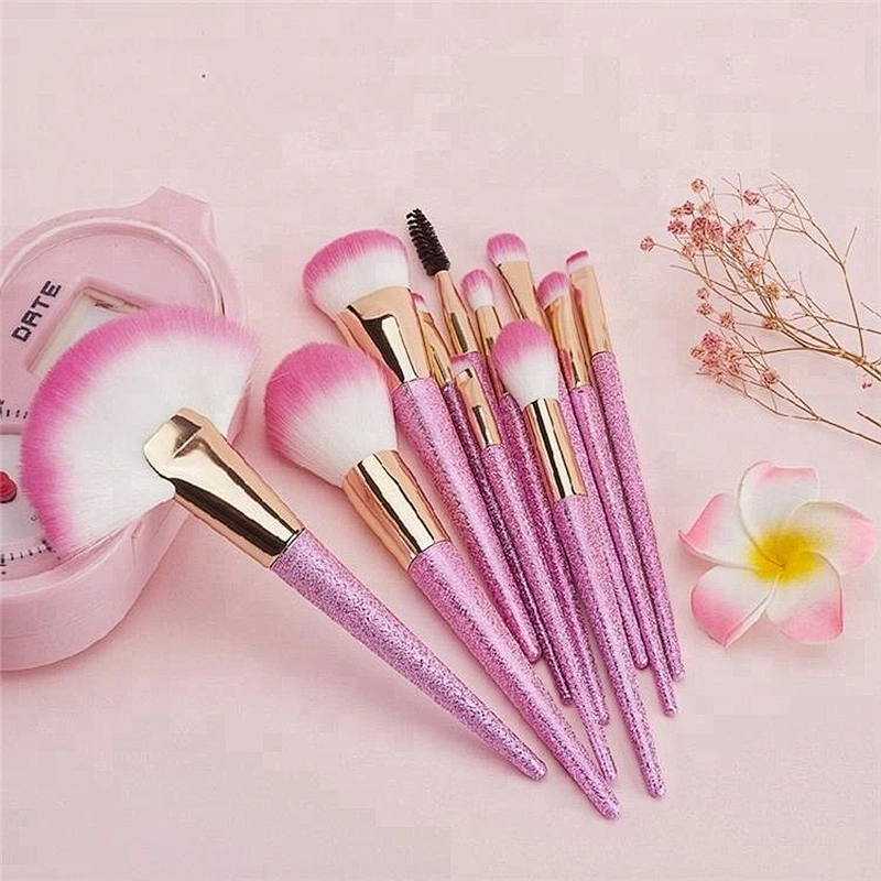 Pink 11pcs Glitter Diamond Makeup Brush Kit With Makeup Bag