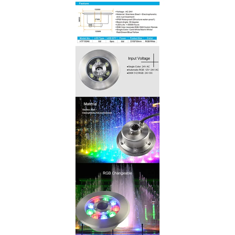 6W RGB Blue White 12V IP68 Stainless steel 304 316 submersible Underwater LED Fountain Light