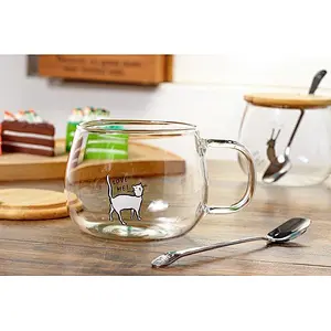 Good Sell Product Cute Pet High Borosilicate Glass Cup with Cover and Spoon Mug