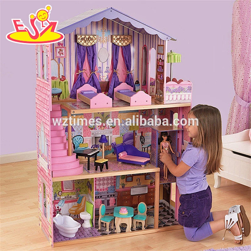 Venta al por mayor 16 piezas de muebles para bebés de madera casa de muñecas hermosa casa de muñecas de madera para bebés W06A232