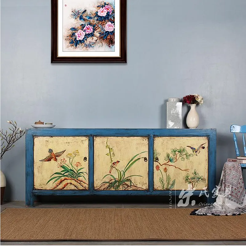 Chinese antique reproduction furniture China antique chinese vintage style solid wood blue three door box with shelf cabinet