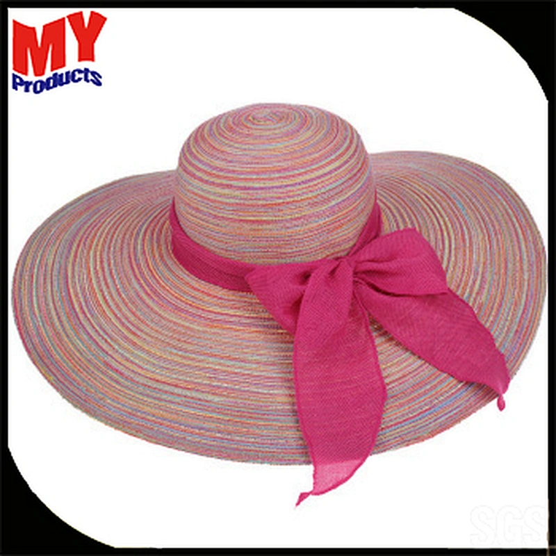 colorful striped floppy dacron hat with Ribbon bow