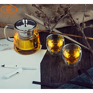 Guangzhou manufactory borosilicate glass tea pot with stainless steel infuser tea blooming tea pot for meeting room and home
