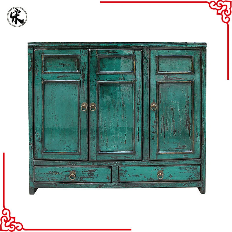 Chinese antique reproduction green glossy lacquered buffet furniture