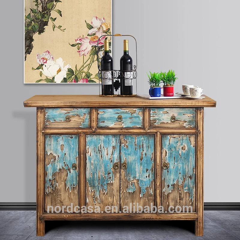 recycle pine wood three drawer four door blue chinese antique style side table