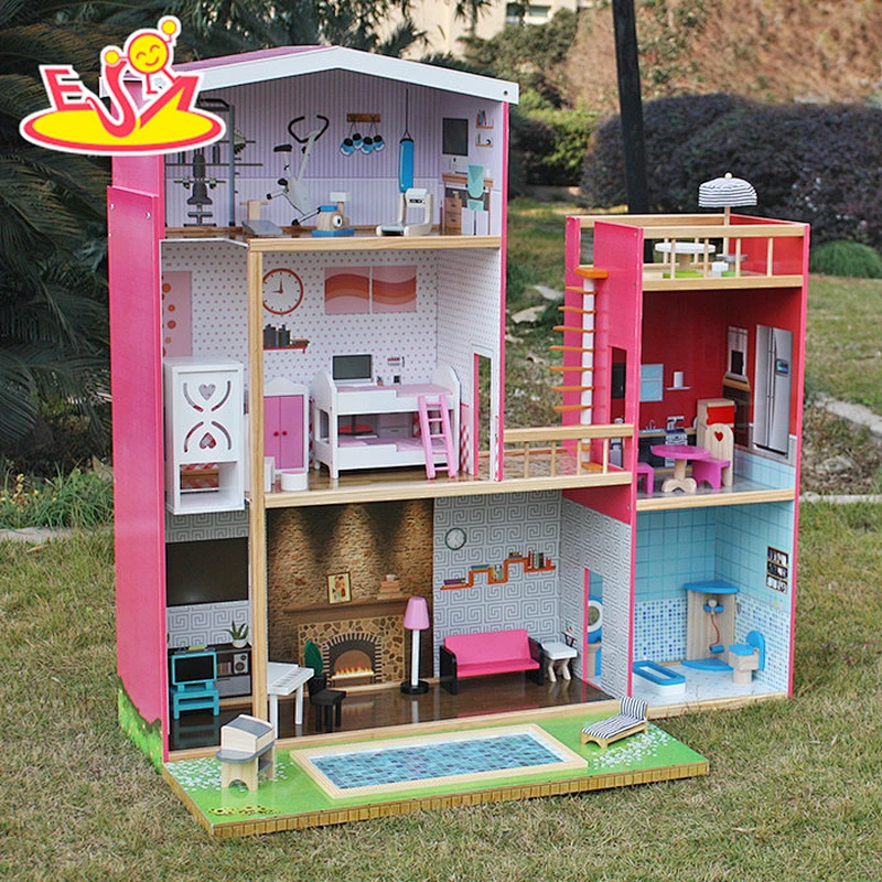 2018 New design girls uptown dollhouse modern size wooden uptown dollhouse wood uptown dollhouse with furniture W06A152