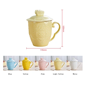 Fashionable carve pattern porcelain water cup with lad and spoon large capacity for drinking