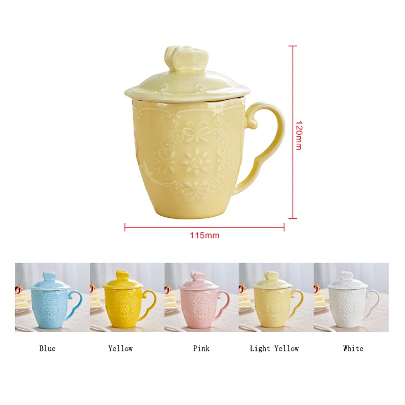 Fashionable carve pattern porcelain water cup with lad and spoon large capacity for drinking