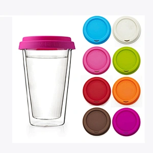 Guangzhou handmade mouth blown double wall glass tea mug with silicone cover heat resistance for home